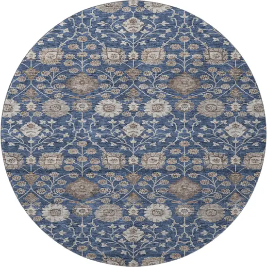 8' Navy Blue Brown And Beige Floral Washable Round Rug With UV Protection Photo 3