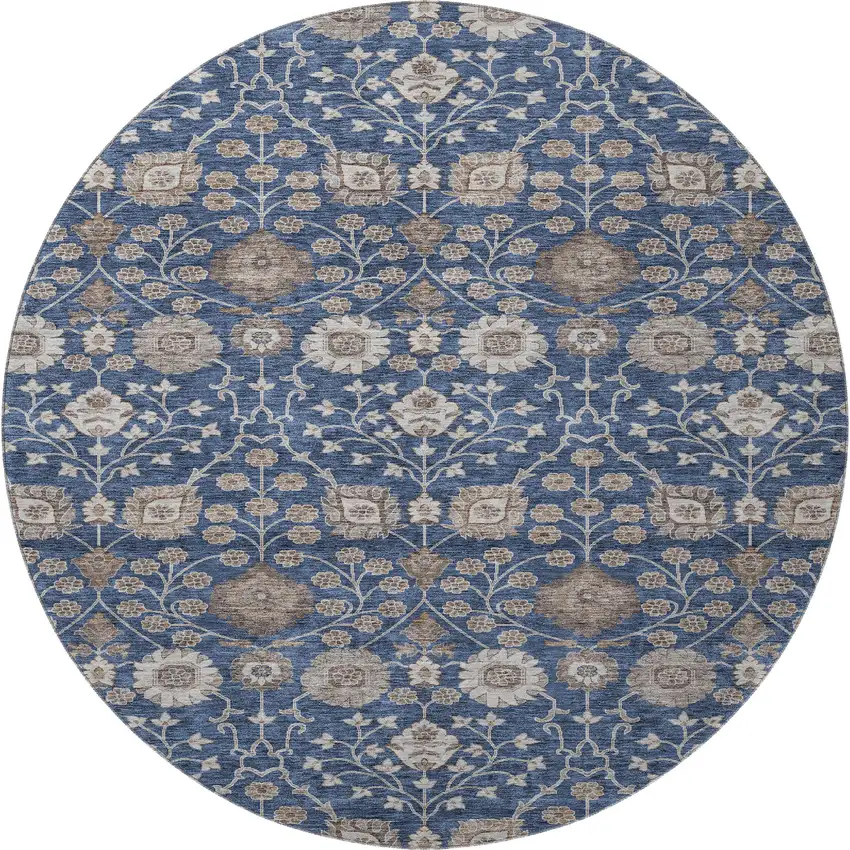 8' Navy Blue Brown And Beige Floral Washable Round Rug With UV Protection Photo 3
