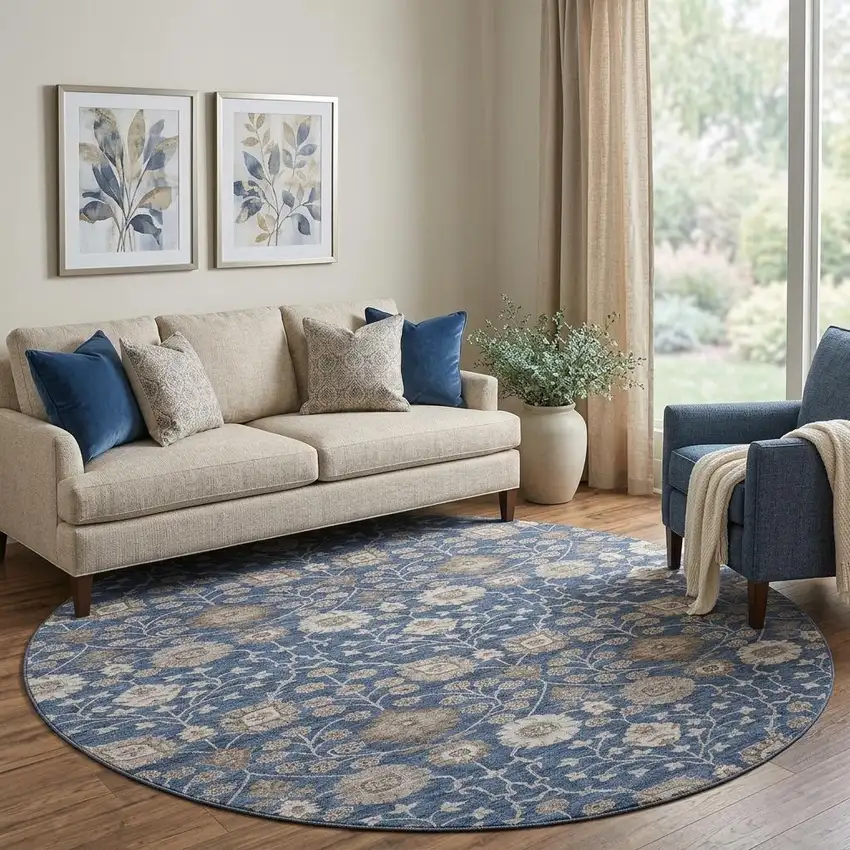 8' Navy Blue Brown And Beige Floral Washable Round Rug With UV Protection Photo 1