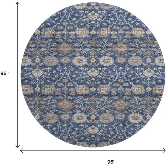 8' Navy Blue Brown And Beige Floral Washable Round Rug With UV Protection Photo 9