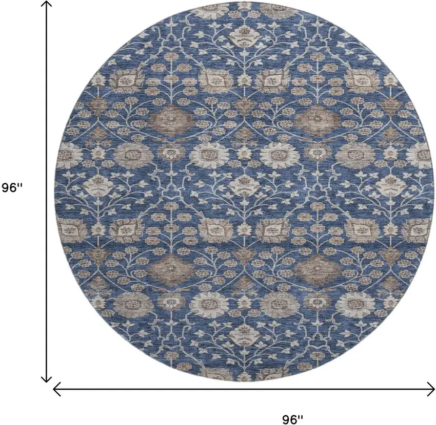 8' Navy Blue Brown And Beige Floral Washable Round Rug With UV Protection Photo 9