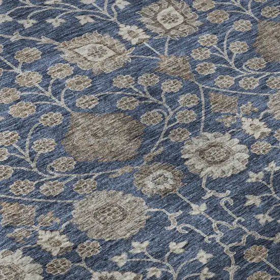 8' Navy Blue Brown And Beige Floral Washable Round Rug With UV Protection Photo 8
