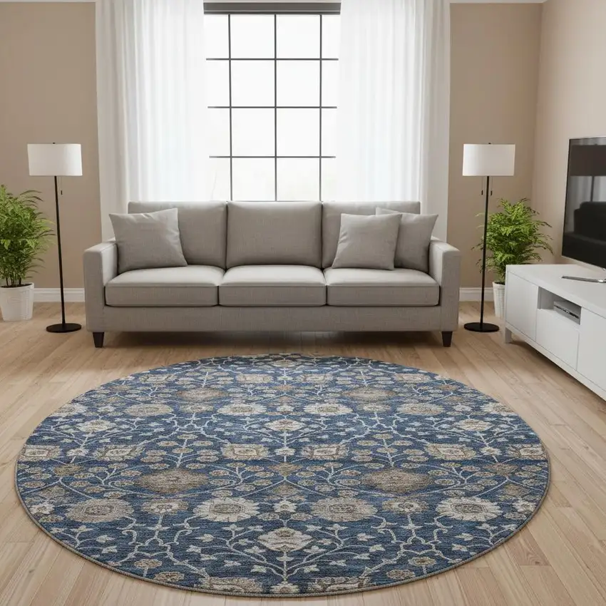 8' Navy Blue Brown And Beige Floral Washable Round Rug With UV Protection Photo 2