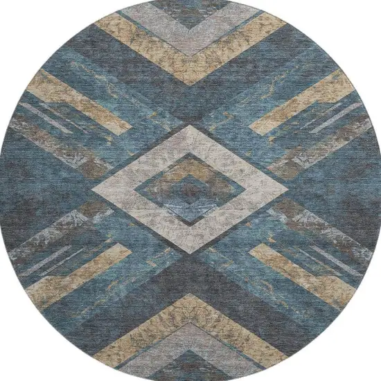 8' Navy Blue Brown And Beige Geometric Washable Round Rug With UV Protection Photo 4
