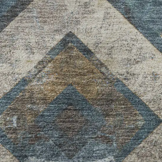 8' Navy Blue Brown And Beige Geometric Washable Round Rug With UV Protection Photo 9