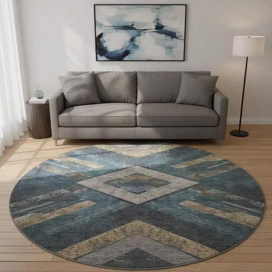 8' Navy Blue Brown And Beige Geometric Washable Round Rug With UV Protection Photo 2