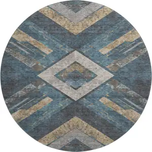 Photo of 8' Navy Blue Brown And Beige Geometric Washable Round Rug With UV Protection