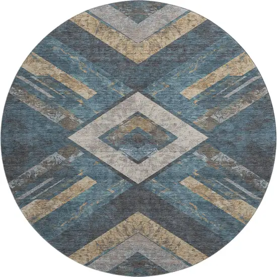 8' Navy Blue Brown And Beige Geometric Washable Round Rug With UV Protection Photo 1