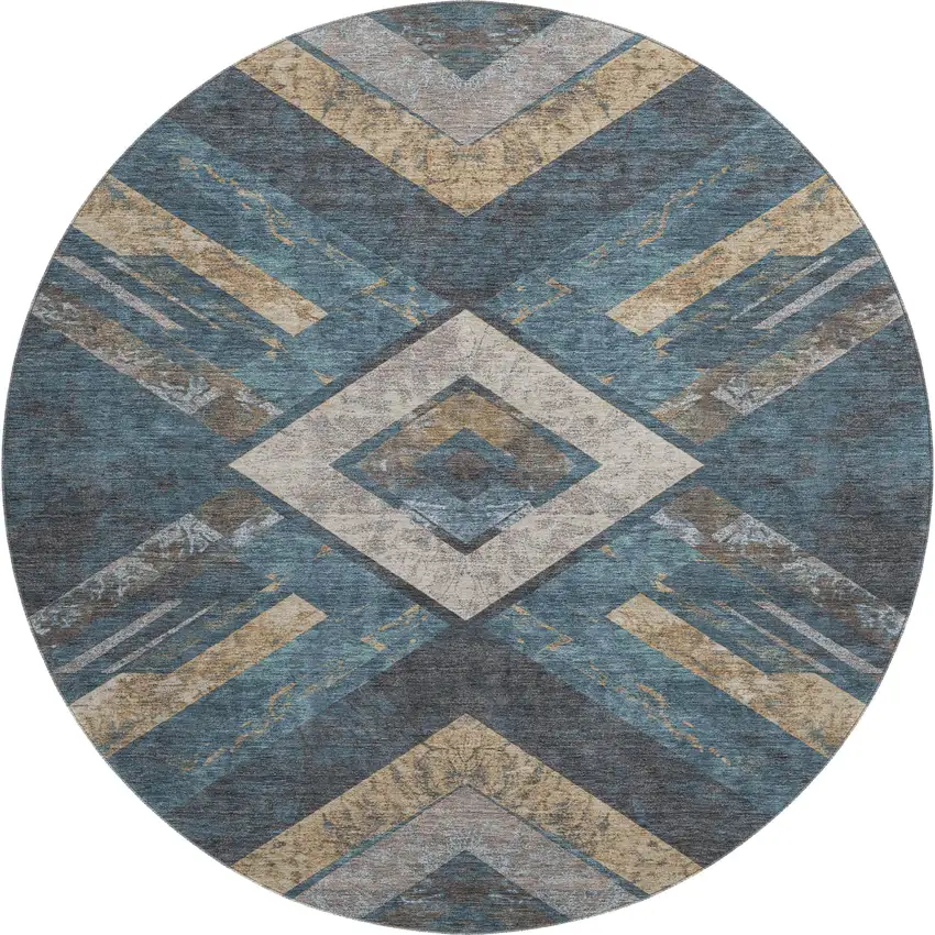 8' Navy Blue Brown And Beige Geometric Washable Round Rug With UV Protection Photo 1
