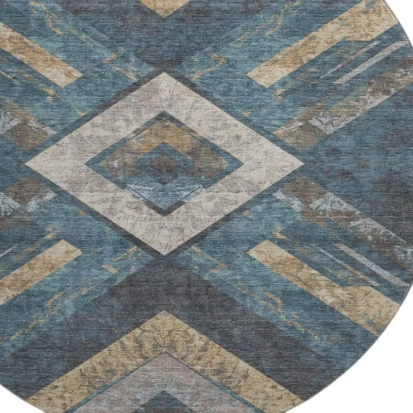 8' Navy Blue Brown And Beige Geometric Washable Round Rug With UV Protection Photo 3