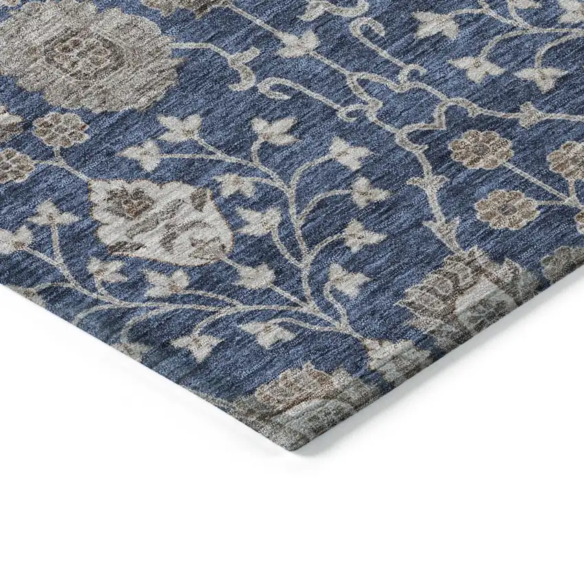 8' Navy Blue Brown And Beige Round Floral Washable Indoor Outdoor Area Rug Photo 4