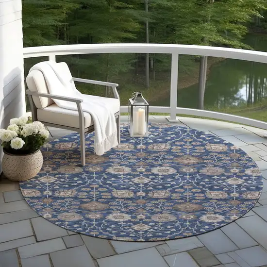 8' Navy Blue Brown And Beige Round Floral Washable Indoor Outdoor Area Rug Photo 7
