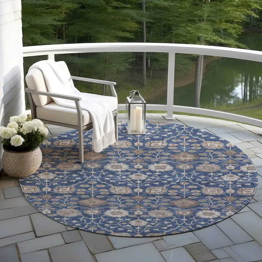 8' Navy Blue Brown And Beige Round Floral Washable Indoor Outdoor Area Rug Photo 7