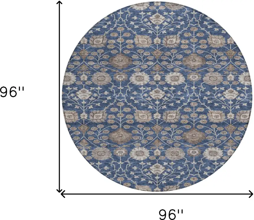 8' Navy Blue Brown And Beige Round Floral Washable Indoor Outdoor Area Rug Photo 9
