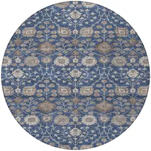 Photo of 8' Navy Blue Brown And Beige Round Floral Washable Indoor Outdoor Area Rug