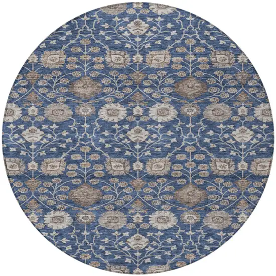 8' Navy Blue Brown And Beige Round Floral Washable Indoor Outdoor Area Rug Photo 6
