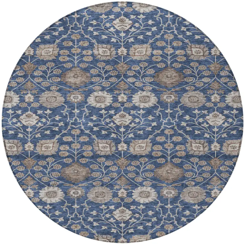 8' Navy Blue Brown And Beige Round Floral Washable Indoor Outdoor Area Rug Photo 6