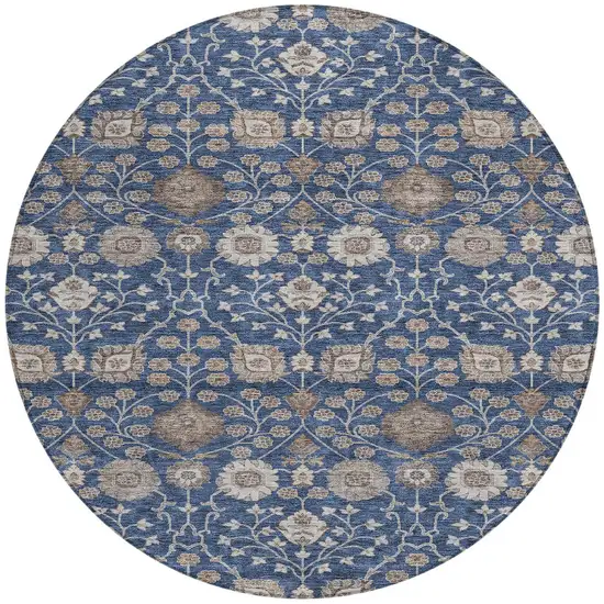 8' Navy Blue Brown And Beige Round Floral Washable Indoor Outdoor Area Rug Photo 5