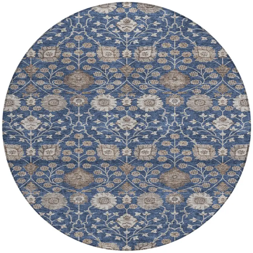 8' Navy Blue Brown And Beige Round Floral Washable Indoor Outdoor Area Rug Photo 5