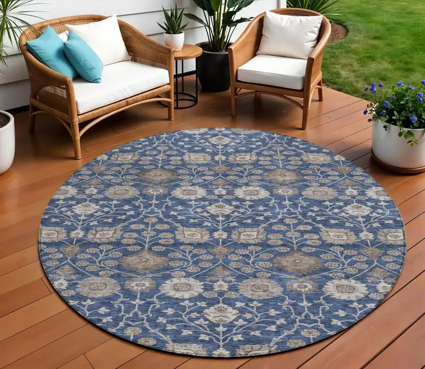 8' Navy Blue Brown And Beige Round Floral Washable Indoor Outdoor Area Rug Photo 1
