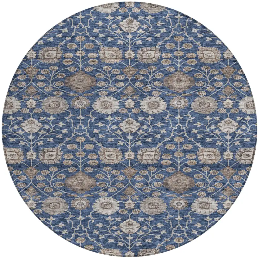 8' Navy Blue Brown And Beige Round Floral Washable Indoor Outdoor Area Rug Photo 2