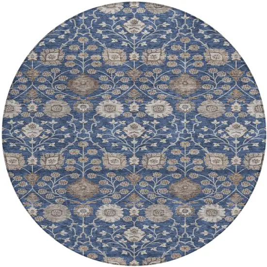 8' Navy Blue Brown And Beige Round Floral Washable Indoor Outdoor Area Rug Photo 2
