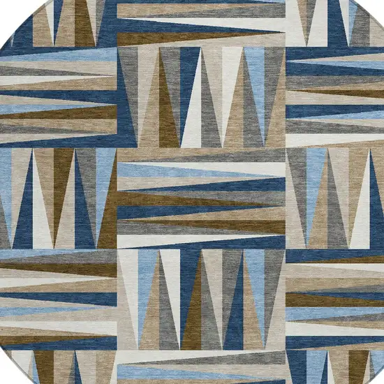 8' Navy Blue Brown And Beige Round Geometric Washable Indoor Outdoor Area Rug Photo 4