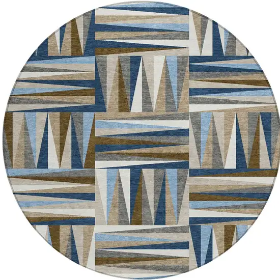 8' Navy Blue Brown And Beige Round Geometric Washable Indoor Outdoor Area Rug Photo 6