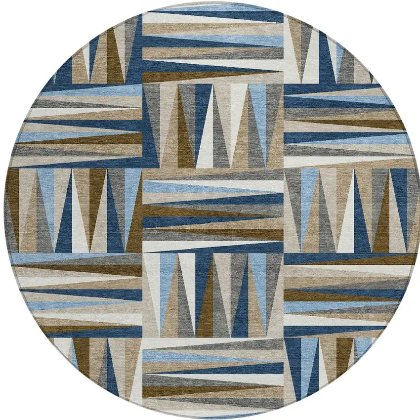8' Navy Blue Brown And Beige Round Geometric Washable Indoor Outdoor Area Rug Photo 6