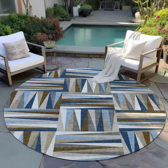 8' Navy Blue Brown And Beige Round Geometric Washable Indoor Outdoor Area Rug Photo 7