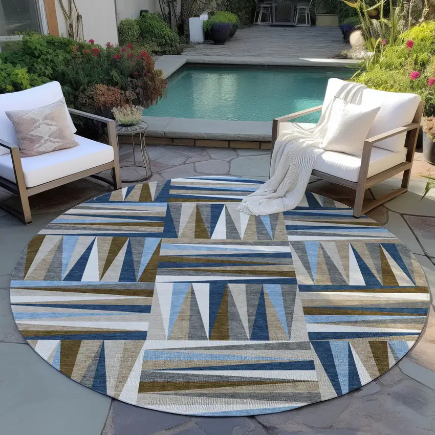 8' Navy Blue Brown And Beige Round Geometric Washable Indoor Outdoor Area Rug Photo 7