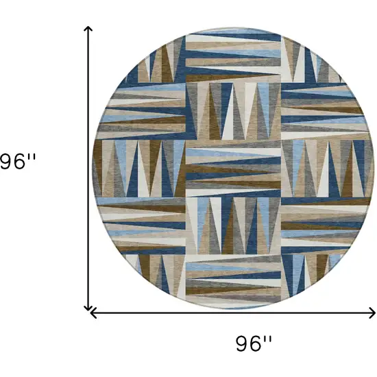 8' Navy Blue Brown And Beige Round Geometric Washable Indoor Outdoor Area Rug Photo 3