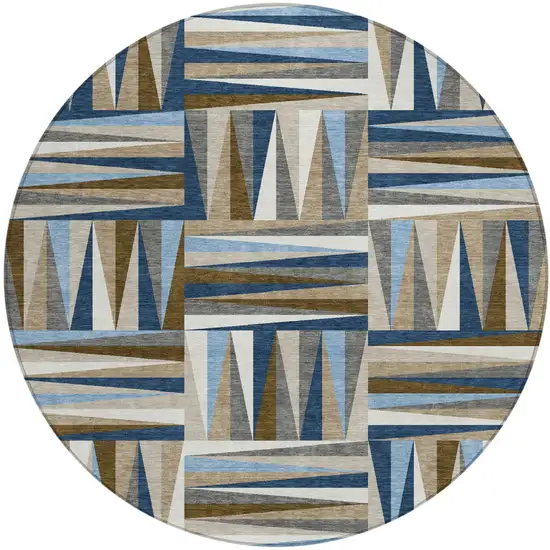 8' Navy Blue Brown And Beige Round Geometric Washable Indoor Outdoor Area Rug Photo 2