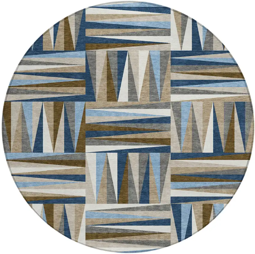 8' Navy Blue Brown And Beige Round Geometric Washable Indoor Outdoor Area Rug Photo 2