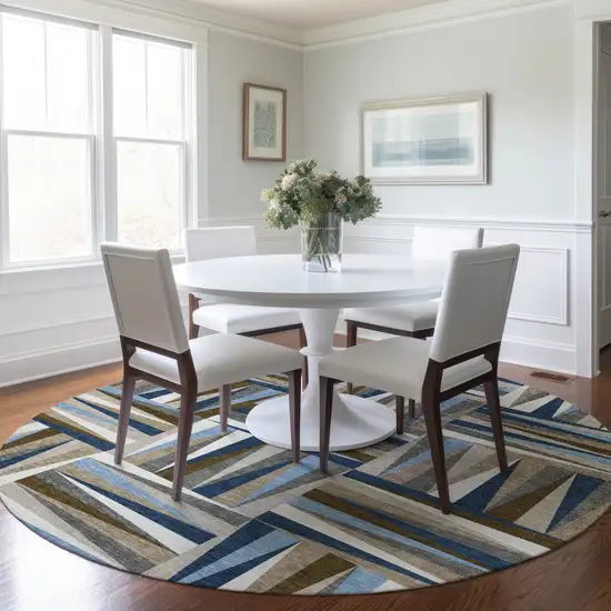 8' Navy Blue Brown And Beige Round Geometric Washable Indoor Outdoor Area Rug Photo 8