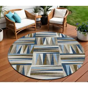 Photo of 8' Navy Blue Brown And Beige Round Geometric Washable Indoor Outdoor Area Rug