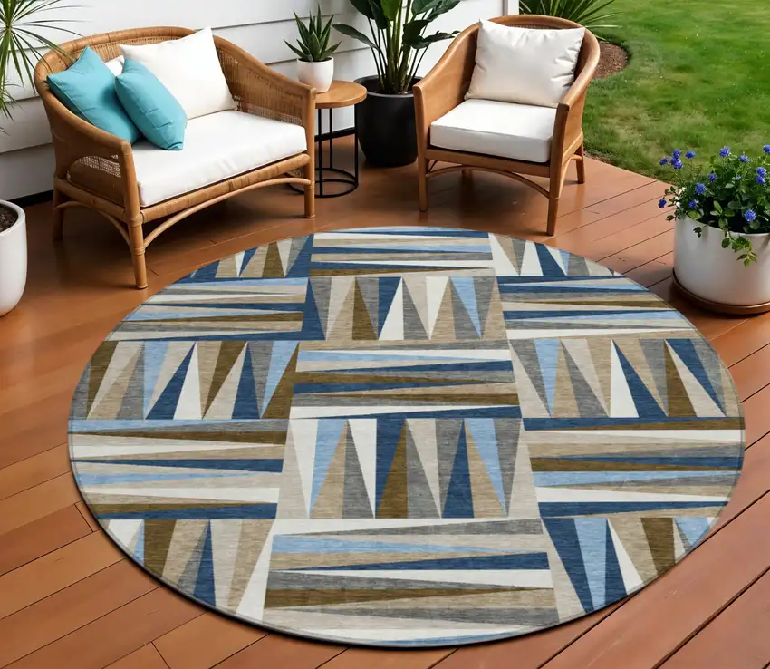 8' Navy Blue Brown And Beige Round Geometric Washable Indoor Outdoor Area Rug Photo 1