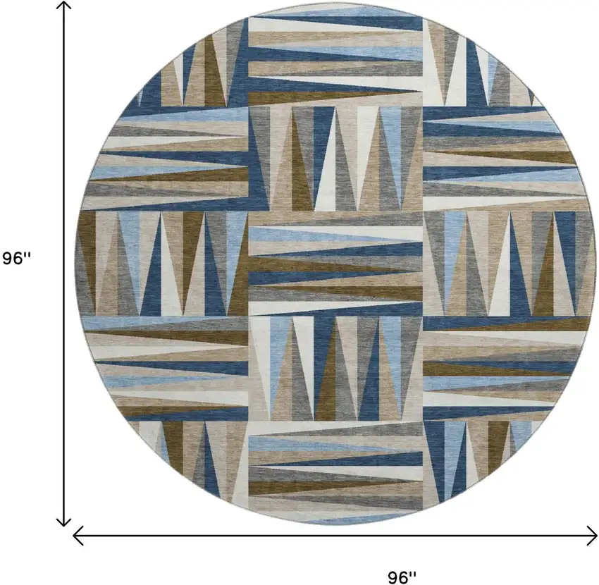 8' Navy Blue Brown And Ivory Geometric Washable Round Rug With UV Protection Photo 9