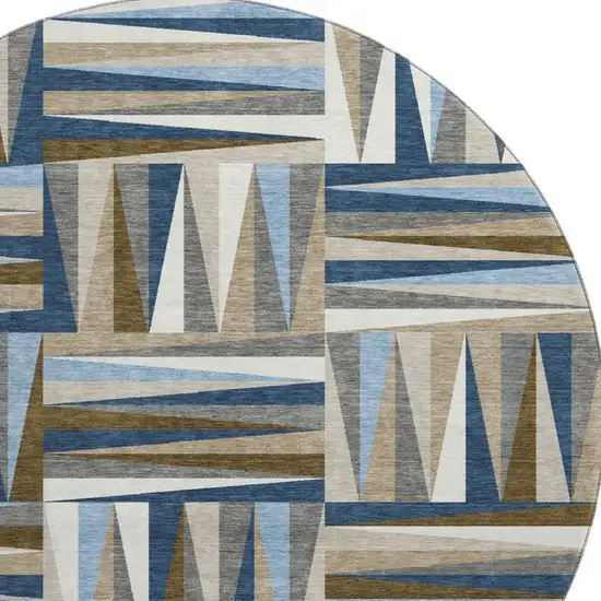 8' Navy Blue Brown And Ivory Geometric Washable Round Rug With UV Protection Photo 3