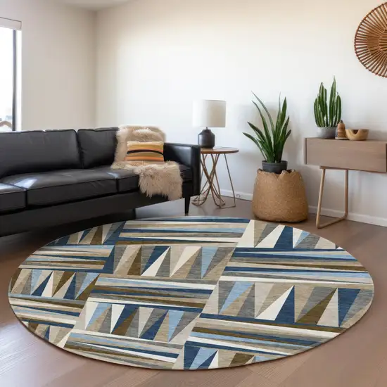8' Navy Blue Brown And Ivory Geometric Washable Round Rug With UV Protection Photo 4