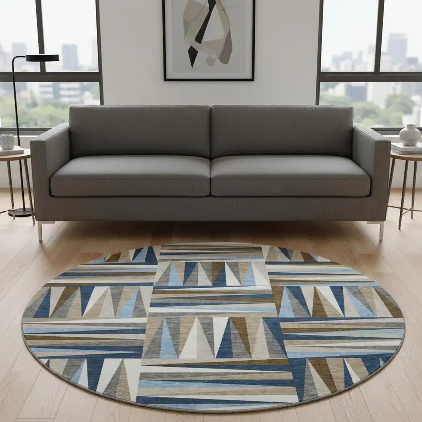 8' Navy Blue Brown And Ivory Geometric Washable Round Rug With UV Protection Photo 2