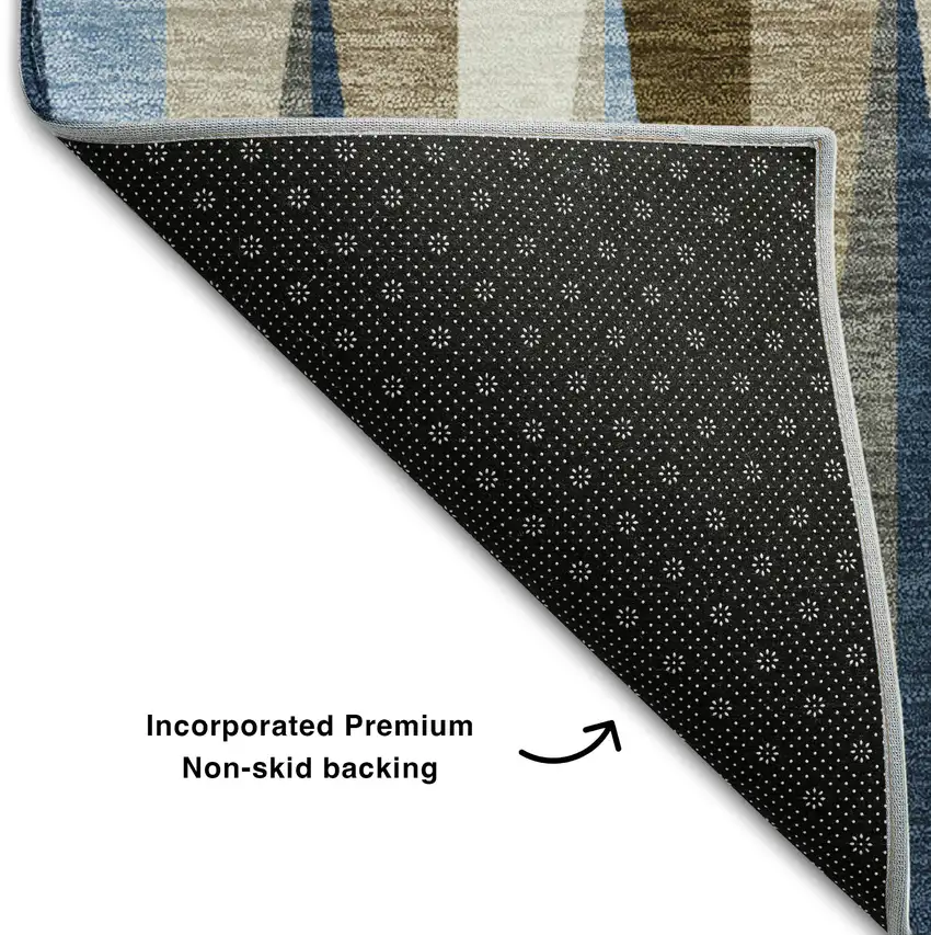 8' Navy Blue Brown And Ivory Geometric Washable Round Rug With UV Protection Photo 5