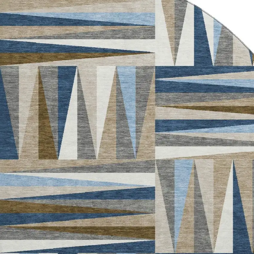 8' Navy Blue Brown And Ivory Geometric Washable Round Rug With UV Protection Photo 2