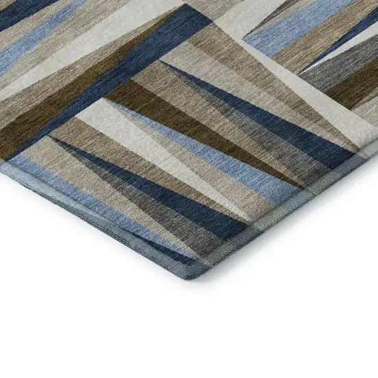 8' Navy Blue Brown And Ivory Geometric Washable Round Rug With UV Protection Photo 6