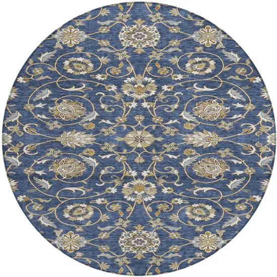8' Navy Blue Brown And Ivory Round Moroccan Washable Indoor Outdoor Area Rug Photo 2