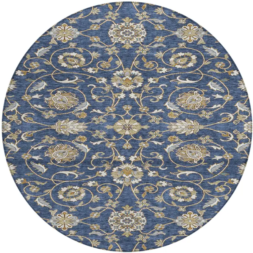 8' Navy Blue Brown And Ivory Round Moroccan Washable Indoor Outdoor Area Rug Photo 2