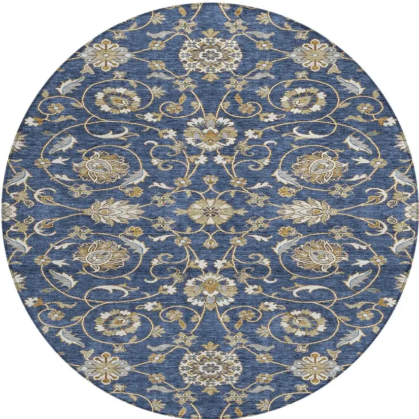 8' Navy Blue Brown And Ivory Round Moroccan Washable Indoor Outdoor Area Rug Photo 7