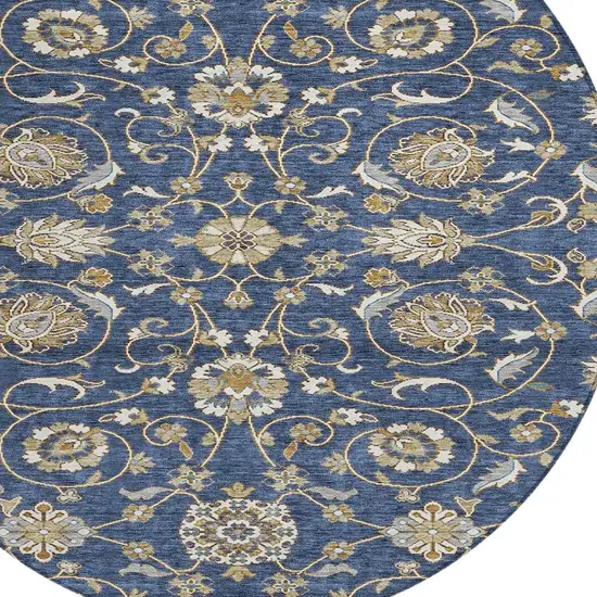 8' Navy Blue Brown And Ivory Round Moroccan Washable Indoor Outdoor Area Rug Photo 6