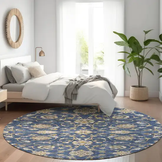 8' Navy Blue Brown And Ivory Round Moroccan Washable Indoor Outdoor Area Rug Photo 9