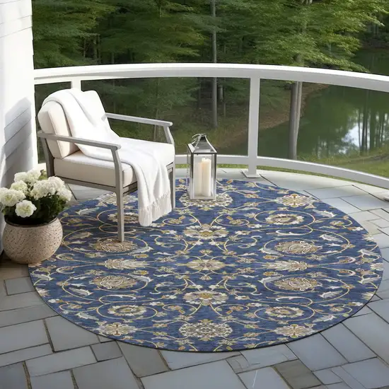 8' Navy Blue Brown And Ivory Round Moroccan Washable Indoor Outdoor Area Rug Photo 8
